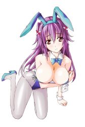 Rule 34 | 1girl, animal ears, artist request, breasts, cleavage, detached collar, fake animal ears, full body, grey pantyhose, highres, large breasts, leotard, long hair, pantyhose, playboy bunny, purple hair, rabbit ears, rabbit tail, red eyes, simple background, solo, source request, tail, thighhighs, white background, wrist cuffs