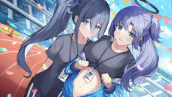 Rule 34 | 2girls, absurdres, aqua eyes, aris (blue archive), black halo, black shirt, blue archive, blue buruma, blue eyes, blue hair, blue jacket, blush, breasts, buruma, clothes lift, dark blue hair, green halo, gym shirt, gym uniform, halo, highres, id card, jacket, jacket partially removed, lanyard, lifted by self, long hair, looking at viewer, medium breasts, multiple girls, namakisama, navel, official alternate costume, open mouth, outdoors, partially unzipped, ponytail, purple hair, shirt, shirt lift, small breasts, smile, star sticker, sticker, sticker on face, track jacket, yuuka (blue archive), yuuka (track) (blue archive)