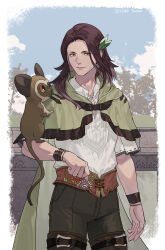 Rule 34 | 1boy, animal on arm, arm at side, artist name, blue sky, boots, border, brown footwear, brown hair, brown pants, byuub, cape, capelet, cowboy shot, dated, day, deryk (ff14), final fantasy, final fantasy xiv, green cape, green capelet, hair ornament, highres, leaf hair ornament, looking at viewer, male focus, medium hair, monkey, outdoors, outside border, pants, shirt, signature, sky, smile, solo, standing, thigh boots, white border, white shirt, wristband, yellow eyes