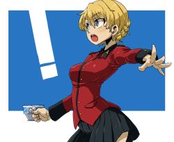 Rule 34 | !, 1girl, aono3, black skirt, blonde hair, blue eyes, braid, commentary, cowboy shot, cup, darjeeling (girls und panzer), epaulettes, gesture, girls und panzer, holding, holding cup, jacket, long sleeves, looking to the side, military, military uniform, miniskirt, open mouth, pleated skirt, red jacket, short hair, skirt, solo, st. gloriana&#039;s military uniform, standing, teacup, twin braids, uniform
