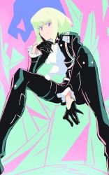 Rule 34 | 1boy, absurdres, biker clothes, black gloves, black jacket, closed mouth, ascot, earrings, gloves, green hair, half gloves, hand on own cheek, hand on own face, highres, jacket, jewelry, lio fotia, looking at viewer, male focus, promare, purple eyes, sieru, sitting, solo, spread legs