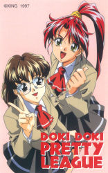Rule 34 | 1990s (style), 2girls, ascot, black eyes, blazer, brown hair, copyright name, copyright notice, doki doki pretty league, high ponytail, jacket, long sleeves, looking at viewer, miniskirt, multiple girls, non-web source, official art, open mouth, pink background, pleated skirt, red hair, retro artstyle, rimless eyewear, round eyewear, scan, school uniform, simple background, skirt, thumbs up, v, yellow eyes