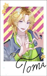 Rule 34 | 1boy, absurdres, blonde hair, blue jacket, border, brown hair, character name, collared shirt, green shirt, half updo, heart, heart hands, highres, hikage toma, jacket, jewelry, looking at viewer, male focus, medium hair, miya (38magical), multicolored background, multicolored eyes, multicolored hair, necklace, paradox live, pink background, purple eyes, shirt, short ponytail, smile, solo, star (symbol), teeth, white border, yellow background, yellow eyes