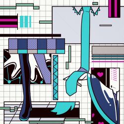 Rule 34 | abstract, aqua nails, aqua necktie, blue sleeves, boots, collared shirt, commentary request, grid background, hand up, hatsune miku, heart, limited palette, long sleeves, machigami yoh, necktie, shirt, tagme, thigh boots, vocaloid, white background, wide sleeves