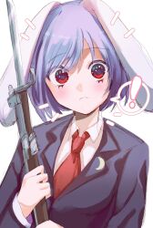 Rule 34 | 1girl, animal ears, ayu3 vd, bayonet, black jacket, blazer, closed mouth, collared shirt, dress shirt, floppy ears, gun, highres, holding, holding gun, holding weapon, jacket, long sleeves, looking at viewer, necktie, one-hour drawing challenge, purple hair, rabbit ears, red eyes, red necktie, reisen (touhou bougetsushou), rifle, shirt, short hair, simple background, solo, touhou bougetsushou, upper body, weapon, white background, white shirt, wing collar