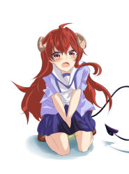 Rule 34 | 1girl, ahoge, between legs, blue shirt, blue skirt, blush, breasts, brown footwear, demon tail, embarrassed, female focus, full body, hand between legs, have to pee, horns, kneeling, long hair, looking at viewer, machikado mazoku, miniskirt, open mouth, peeing, peeing self, pleated skirt, puddle, rakkama, red eyes, red hair, shirt, shoes, short sleeves, simple background, skirt, small breasts, solo, tail, tears, v arms, wet, wet clothes, white background, yoshida yuuko (machikado mazoku)