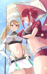 Rule 34 | 2girls, alternate costume, blonde hair, booth babe, breasts, checkered flag, dual persona, female focus, flag, highres, large breasts, long hair, matching hair/eyes, multiple girls, mythra (xenoblade), navel, okazu2010015, parasol, pyra (xenoblade), race queen, red eyes, red hair, short hair, swept bangs, umbrella, very long hair, xenoblade chronicles (series), xenoblade chronicles 2, yellow eyes