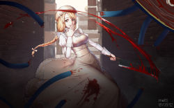 Rule 34 | 10s, 1girl, blonde hair, blood, blood on clothes, bloody weapon, brown eyes, covering own mouth, dated, day, dress, floating hair, hand over own mouth, hat, hataraku saibou, highres, long dress, long hair, long sleeves, looking at viewer, macrophage (hataraku saibou), melt}, nata (tool), outdoors, smile, solo, standing, weapon, white dress, white hat