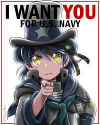 Rule 34 | 1girl, admiral paru, aqua neckerchief, black ribbon, blue hair, blue sailor collar, commentary, cosplay, double bun, hair bun, hand on own hip, hat, hat ribbon, highres, i want you, kantai collection, long sleeves, looking at viewer, name connection, neckerchief, parody, pointing, ribbon, sailor collar, samuel b. roberts (kancolle), school uniform, serafuku, shirt, short hair, simple background, sleeve cuffs, solo, top hat, twitter username, uncle sam, uncle sam (cosplay), white background, white shirt, yellow eyes