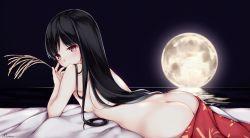 Rule 34 | 1girl, arm support, ass, bad id, bad twitter id, bed, bed sheet, black hair, breasts, butt crack, closed mouth, dress, fingernails, from behind, full moon, hand on own face, hand to head, houraisan kaguya, japanese clothes, long hair, looking at viewer, looking back, lying, maremay0513, moon, night, nude, ocean, on bed, on stomach, red eyes, red skirt, signature, skirt, small breasts, solo, touhou, very long hair, water, wheat