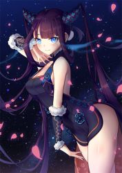 Rule 34 | 1girl, bare shoulders, black dress, blue background, blue eyes, blunt bangs, blush, breasts, chariot.f, china dress, chinese clothes, cleavage, closed mouth, detached sleeves, dress, fate/grand order, fate (series), gradient background, hair ornament, long hair, looking at viewer, medium breasts, petals, smile, solo, thighs, twintails, very long hair, yang guifei (fate), yang guifei (second ascension) (fate)