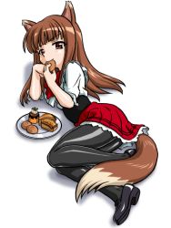 Rule 34 | 00s, animal ears, bandabekken, bronze parrot, brown hair, eating, food, holo, kisaten, long hair, lying, pantyhose, red eyes, solo, spice and wolf, tail, waitress, wolf ears, wolf tail