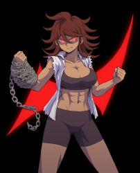 Rule 34 | 1girl, abs, alternate costume, alternate eye color, bike shorts, black background, black shorts, breasts, brown hair, chain, cleavage, clenched hands, clenched teeth, commentary request, cowboy shot, danganronpa (series), danganronpa 2: goodbye despair, dark-skinned female, dark skin, large breasts, legs apart, long hair, looking at viewer, muscular, muscular female, namu (nurui cha), navel, open clothes, open shirt, owari akane, red background, red eyes, shirt, shorts, solo, standing, stomach, teeth, torn clothes, torn shirt