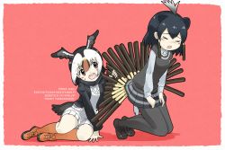 Rule 34 | &gt; &lt;, 2girls, animal ears, atlantic puffin (kemono friends), bird tail, bird wings, black hair, blonde hair, border, candy, cardigan, closed eyes, crested porcupine (kemono friends), extra ears, food, food on face, full body, grabbing, grey hair, head wings, highres, iwa (iwafish), kemono friends, kneeling, leaning to the side, long sleeves, looking at another, medium hair, microskirt, multicolored hair, multiple girls, necktie, open cardigan, open clothes, open mouth, oversized food, oversized object, pantyhose, pocky, porcupine ears, porcupine tail, red background, red eyes, red hair, scarf, shoes, simple background, sitting, skirt, smile, socks, sweater, sweater vest, tail, white hair, wings