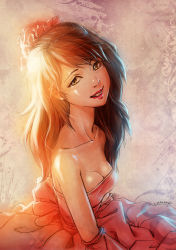 Rule 34 | 1girl, akekarat sumatchaya, bare shoulders, breasts, cleavage, collarbone, dress, eyebrows, from side, glowing, glowing hair, hair ornament, head tilt, highres, light, lips, long hair, looking at viewer, nose, open mouth, original, red dress, red lips, smile, solo, strapless, strapless dress, webang111