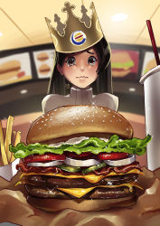 Rule 34 | 1girl, absurdres, black hair, blurry, blurry background, brown eyes, burger, burger king, ceiling light, chips (food), commentary, crown, cup, disposable cup, drinking straw, english commentary, food, food focus, hannah515, highres, indoors, lettuce, long hair, looking down, original, paper, raised eyebrows, ribbed sweater, sesame seeds, sliced cheese, solo, sparkle, sweater, tomato, turtleneck, turtleneck sweater, wavy mouth, whopper