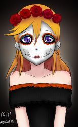 Rule 34 | 1girl, bare shoulders, black dress, catrina, collarbone, day of the dead, dia de muertos, dress, female focus, flower, hair between eyes, halloween, halloween costume, highres, lips, lipstick, looking at viewer, love live!, love live! superstar!!, makeup, medium hair, mexican dress, mexico, orange hair, pink lips, purple eyes, rose, roswell ss, self-upload, shibuya kanon, skull, solo, v arms
