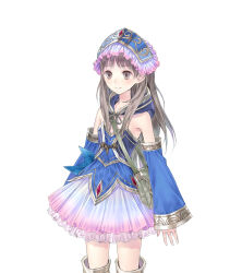 1girl absurdres atelier_(series) atelier_rorona bare_shoulders blue_shirt blue_sleeves brown_eyes brown_hair closed_mouth cowboy_shot detached_hood detached_sleeves frilled_skirt frills gold_trim hat highres kishida_mel long_hair long_sleeves looking_at_viewer official_art pleated_skirt shirt simple_background skirt smile solo standing tachi-e totooria_helmold white_background white_skirt