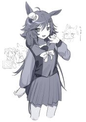 Rule 34 | 2girls, ahoge, animal ears, bow, bowtie, chibi, chibi inset, cropped legs, greyscale, hair ornament, hairclip, hand up, hat, highres, horse ears, horse girl, horse tail, long hair, long sleeves, looking at viewer, michia (bourgognepony), mini hat, mini top hat, monochrome, mr. c.b. (umamusume), multiple girls, open mouth, sailor collar, school uniform, skirt, smile, solo focus, symboli rudolf (umamusume), tail, top hat, tracen school uniform, umamusume