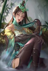 Rule 34 | 1girl, absurdres, artist request, bamboo, bamboo forest, blind, brown hair, clothing cutout, detached sleeves, fog, forest, hair ornament, hand on own knee, highres, jewelry, looking to the side, moss, nature, ning hongye (yong jie wujian), no pupils, outdoors, pale eye, ponytail, rock, see-through, see-through sleeves, sitting, solo, source request, thigh cutout, thighhighs, user164899963395033 (n/a), yong jie wujian