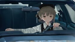 Rule 34 | 1girl, absurdres, beret, black hat, black ribbon, brown eyes, brown hair, car, closed mouth, collared shirt, commentary, drive (movie), driving, english commentary, flower, hair flower, hair ornament, hair ribbon, hat, hatoba tsugu, highres, jitome, long sleeves, looking at viewer, medium hair, mimizu ningen, mole, mole under eye, motor vehicle, neck ribbon, outdoors, outstretched arm, parody, ribbon, rose, shirt, solo, steering wheel, suspenders, tsugu (vtuber), upper body, virtual youtuber, white flower, white rose, white shirt