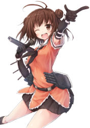 Rule 34 | 10s, 1girl, ;d, ;p, antenna hair, armpit peek, blush, brown eyes, brown hair, cannon, double bun, elbow gloves, gloves, kantai collection, microphone, naka (kancolle), one eye closed, open mouth, personification, school uniform, serafuku, short hair, skirt, smile, solo, suien, tongue, tongue out, torpedo, turret, wink