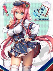 Rule 34 | !, &gt;:), 1girl, argyle, argyle background, argyle clothes, beret, blouse, blue skirt, boots, breasts, closed mouth, contrapposto, cowboy shot, floating hair, hair between eyes, hand on own hip, hat, index finger raised, long hair, looking at viewer, medium breasts, military, military uniform, necktie, original, pink hair, red necktie, shirt, skirt, smile, solo, standing, striped necktie, striped neckwear, suspender skirt, suspenders, thigh boots, thighhighs, thighs, underbust, uniform, v-shaped eyebrows, very long hair, white shirt, white thighhighs, yu-yuuki