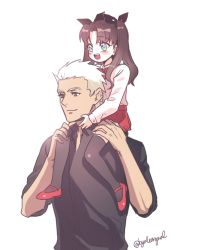 Rule 34 | 1boy, 1girl, archer (fate), blue eyes, brown hair, byulrorqual, carrying, child, dark skin, dark-skinned male, fate/stay night, fate/zero, fate (series), red footwear, shoes, shoulder carry, thighhighs, time paradox, tohsaka rin, twintails, white hair