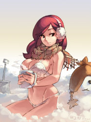 Rule 34 | 1girl, 2013, beryl (junkpuyo), black eyes, bra, breasts, brown eyes, cleavage, cup, dated, earmuffs, gradient background, hat, holding, junkpuyo, lace, lace-trimmed bra, lace trim, large breasts, light smile, long hair, mug, navel, original, panties, plaid, plaid scarf, red hair, scarf, seiza, shovel, sideboob, sitting, smile, snow, snow shovel, snowman, solo, steam, underwear, underwear only, white bra, white panties, worktool
