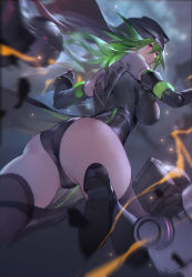 Rule 34 | 1girl, artist name, ass, black bodysuit, black gloves, black thighhighs, blurry, bodysuit, boots, breasts, closed mouth, cloud, cloudy sky, commentary, depth of field, detached cape, elbow gloves, falling, floating, from behind, gloves, green hair, headdress, highres, large breasts, legs, long hair, looking at viewer, lyra (tower of fantasy), mechanical arms, night, night sky, outdoors, pelvic curtain, pink eyes, purple eyes, sidelocks, sky, sleeveless, sleeveless bodysuit, solo, swd3e2, thighhighs, thighs, tower of fantasy