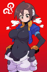 1girl ? ?? absurdres aile_(mega_man_zx) black_bodysuit blue_jacket blush bodysuit bodysuit_under_clothes breasts breath brown_hair buzzlyears cowboy_shot cropped_jacket highres jacket large_breasts mega_man_(series) mega_man_zx open_clothes open_jacket red_background robot_ears short_hair shorts solo white_shorts