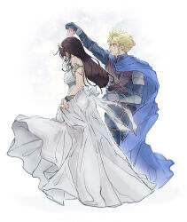 Rule 34 | 1boy, 1girl, absurdres, armlet, backless dress, backless outfit, bare shoulders, blonde hair, blue cape, blue eyes, blue jacket, bracelet, breasts, cape, closed mouth, cloud strife, commentary, couple, dancing, dress, earrings, final fantasy, final fantasy vii, final fantasy vii rebirth, final fantasy vii remake, full body, gloves, high collar, highres, jacket, jewelry, large breasts, light blush, long hair, low-tied long hair, official alternate costume, pudelmudel, simple background, smile, spiked hair, stud earrings, symbol-only commentary, tiara, tifa lockhart, twirl, white background, white dress