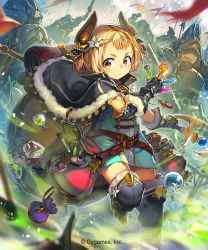 Rule 34 | 10s, 1girl, armor, backpack, bag, belt, black gloves, blonde hair, blue footwear, blush, boots, cloak, fingerless gloves, flask, fur boots, fur trim, gloves, hair ornament, horns, looking at viewer, original, plant, potted plant, pouch, satchel, shingeki no bahamut, short eyebrows, short hair, short twintails, solo focus, staff, test tube, thigh boots, thighhighs, twintails, yellow eyes, yui (niikyouzou), zettai ryouiki
