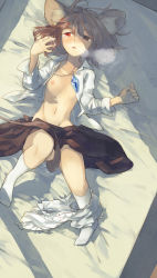 Rule 34 | 1girl, afterglow, animal ear fluff, animal ears, between legs, bloomers, blouse, blush, female focus, female masturbation, flat chest, full body, grey hair, groin, jewelry, lying, masturbation, mouse ears, mouse tail, nakatani, navel, nazrin, necklace, nipples, on back, open clothes, open mouth, open shirt, open skirt, pussy juice, pussy juice trail, red eyes, shirt, skirt, socks, solo, tail, tail between legs, thick eyebrows, touhou, underwear, white bloomers, white shirt, white socks