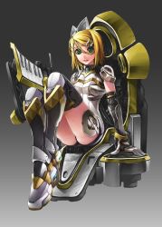 Rule 34 | 1girl, alternate costume, blonde hair, boots, breasts, chair, cyborg, elbow gloves, full body, gloves, hair ornament, hairclip, highres, instrument, kagamine rin, keyboard (instrument), legs together, leotard, mecha musume, paolo antonio aguasin, short hair, sitting, small breasts, solo, thigh boots, thighhighs, vocaloid