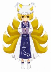 Rule 34 | 1girl, animal ears, blonde hair, blush, female focus, fox ears, fox tail, hands in opposite sleeves, hat, hat with ears, multiple tails, own hands together, short hair, socks, solo, tail, tona (nekotte), touhou, yakumo ran, yellow eyes