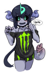 Rule 34 | 1boy, bad id, bad pixiv id, black nails, black sclera, blush, colored sclera, docu (doppel), doppel (bonnypir), green eyes, horns, male focus, monster boy, monster energy, nail polish, open mouth, original, pointy ears, product placement, simple background, smile, solo, white background