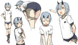 Rule 34 | 1girl, ass, blue hair, bodypaint, buruma, character request, closed eyes, clothes lift, deuman, dewman, duman, heterochromia, horns, io (pso2), looking at viewer, open mouth, phantasy star, phantasy star online 2, sexually suggestive, shirt lift, shoes, short hair, short sleeves, simple background, sody, sportswear, tattoo, uwabaki, white background