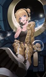 Rule 34 | 1girl, :d, anizi, blonde hair, blue eyes, blunt bangs, blush, boots, commentary request, dog, double bun, foreshortening, gloves, hair bun, hand up, headphones, headset, highres, hololive, hololive english, indoors, jumpsuit, long sleeves, looking at viewer, open mouth, short hair, sitting, smile, solo, space, strapless, tube top, virtual youtuber, watson amelia, watson amelia (astronaut), white footwear