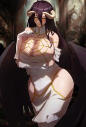 1girl absurdres albedo_(overlord) bare_hips black_hair blurry blurry_background breasts cleavage cleavage_cutout clothing_cutout dress gloves highres horns large_breasts long_hair overlord_(maruyama) pu-chin sleeveless solo very_long_hair white_dress white_gloves yellow_eyes