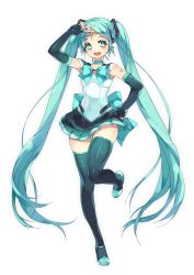 Rule 34 | 1girl, bishoujo senshi sailor moon, black gloves, btoor, choker, cosplay, elbow gloves, fingerless gloves, gloves, green eyes, green hair, hand on own hip, hatsune miku, highres, legs, long hair, matching hair/eyes, open mouth, sailor senshi, sailor senshi (cosplay), simple background, skirt, solo, thighhighs, thighs, twintails, unofficial sailor senshi uniform, v, vocaloid, white background