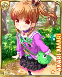 Rule 34 | 1girl, :o, amari akari, bag, beads, black skirt, bow, brown hair, card (medium), character name, collar, crown, day, forest, frilled skirt, frills, garter straps, girlfriend (kari), hair beads, hair bow, hair ornament, handbag, jacket, lace, looking at viewer, multicolored hair, nail polish, nature, official art, open mouth, outdoors, ponytail, purple jacket, purple shirt, qp:flapper, red eyes, shirt, short hair, side ponytail, sidelocks, skirt, solo, standing, streaked hair, tagme, thighhighs