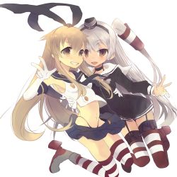 Rule 34 | 10s, 2girls, amatsukaze (kancolle), brown eyes, dress, gloves, grin, hairband, kantai collection, long hair, multiple girls, oluha, open mouth, sailor dress, shimakaze (kancolle), silver hair, smile, striped clothes, striped thighhighs, thighhighs, two side up, v