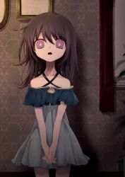 Rule 34 | 1girl, bare shoulders, bright pupils, brown hair, collarbone, commentary request, cowboy shot, curtains, dress, halter dress, halterneck, highres, indoors, interlocked fingers, long hair, looking at viewer, nomura kitan, open mouth, original, own hands together, purple eyes, shadow, solo
