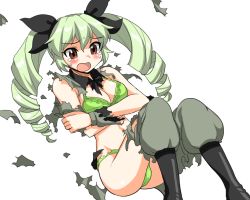 Rule 34 | 10s, 1girl, anchovy (girls und panzer), ass, bad id, bad pixiv id, bare shoulders, black footwear, blush, boots, bra, breast hold, breasts, drill hair, exploding clothes, girls und panzer, green bra, green hair, green panties, hair ribbon, knees up, long hair, long sleeves, lying, medium breasts, midriff, military, military uniform, mono (moiky), on back, open mouth, panties, red eyes, ribbon, solo, thighs, tongue, torn clothes, transparent background, twin drills, twintails, underwear, uniform