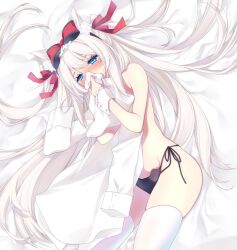 Rule 34 | 1girl, animal ear fluff, animal ears, armpit crease, azur lane, black panties, blue eyes, blush, bow, cat ears, groin, hair bow, hammann (azur lane), hayaman396, highres, long hair, on bed, panties, red bow, shirt, side-tie panties, smelling, smelling clothes, solo, thighhighs, underwear, very long hair, white hair, white shirt, white thighhighs