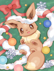 Rule 34 | 1girl, :3, :d, brown eyes, christmas, commentary, creatures (company), eevee, full body, fur trim, game freak, gen 1 pokemon, kana (maple926), lying, nintendo, no humans, on back, open mouth, ornament, pokemon, pokemon (creature), red ribbon, ribbon, smile, snowflakes, star (symbol), toes