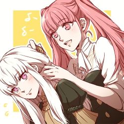 Rule 34 | 2girls, bad id, bad twitter id, blunt bangs, brushing hair, closed mouth, comb, eyes visible through hair, female focus, fire emblem, fire emblem: three houses, hair between eyes, hilda valentine goneril, holding, long hair, lowres, lysithea von ordelia, matching hair/eyes, multiple girls, nintendo, open mouth, pink eyes, pink hair, short sleeves, simple background, tomi (sooon103), twintails, uniform, white hair, yellow background