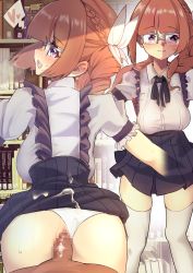 Rule 34 | 1boy, 1girl, absurdres, anal, ass, blunt bangs, blush, bookshelf, braid, breasts, brown hair, clothes lift, clothing aside, collared shirt, commission, cum, cum in ass, cum on clothes, ejaculation, french braid, frilled skirt, frills, glasses, grey-framed eyewear, hair ribbon, heart, heart-shaped pupils, hetero, highres, large breasts, long hair, looking at viewer, looking back, miniskirt, nose blush, open mouth, original, over-rim eyewear, panties, panties aside, penis, pleated skirt, puffy short sleeves, puffy sleeves, purple eyes, purple skirt, ribbon, semi-rimless eyewear, sex, sex from behind, shirt, short sleeves, skeb commission, skirt, skirt lift, smile, standing, standing sex, suspender skirt, suspenders, sweat, symbol-shaped pupils, tananne, taut clothes, taut shirt, thighhighs, underwear, white panties, white ribbon, white shirt, white thighhighs, zettai ryouiki