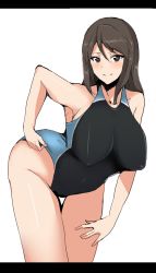 Rule 34 | 1girl, bare shoulders, breasts, brown eyes, brown hair, cleavage, competition swimsuit, covered erect nipples, girls und panzer, hand on own hip, hifumi hajime, highres, leaning forward, long hair, looking at viewer, mika (girls und panzer), one-piece swimsuit, solo, swimsuit, white background